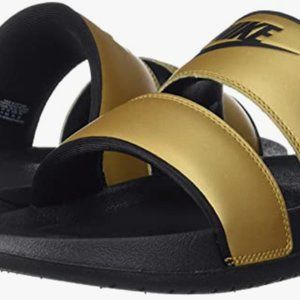 (NEW) Nike Women's Offcourt Duo Slides (7, Metallic Gold/Black/Black)